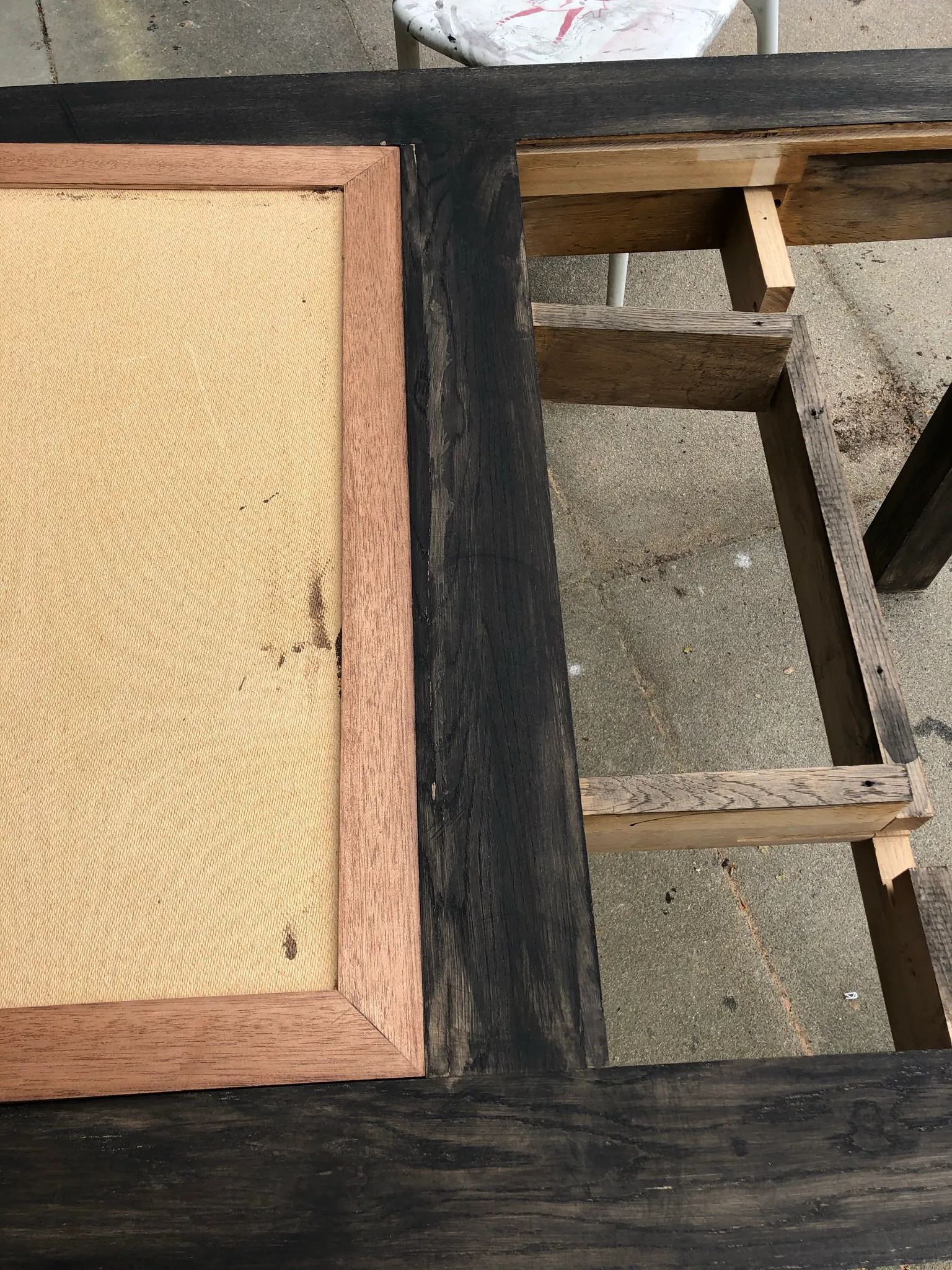 CANTI oak frame and mahogany panels post Indian ink application
