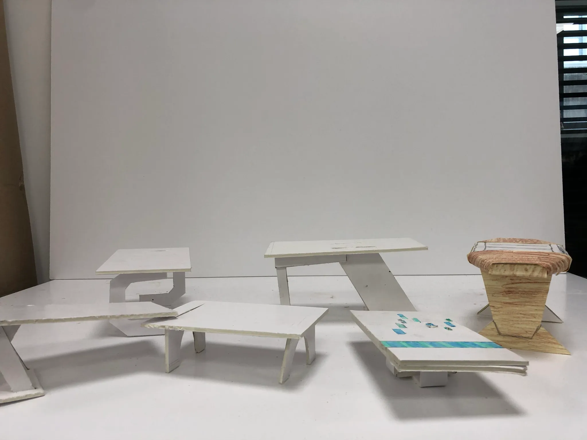 CANTI lo-fi foamboard prototype — C-form leg exploration