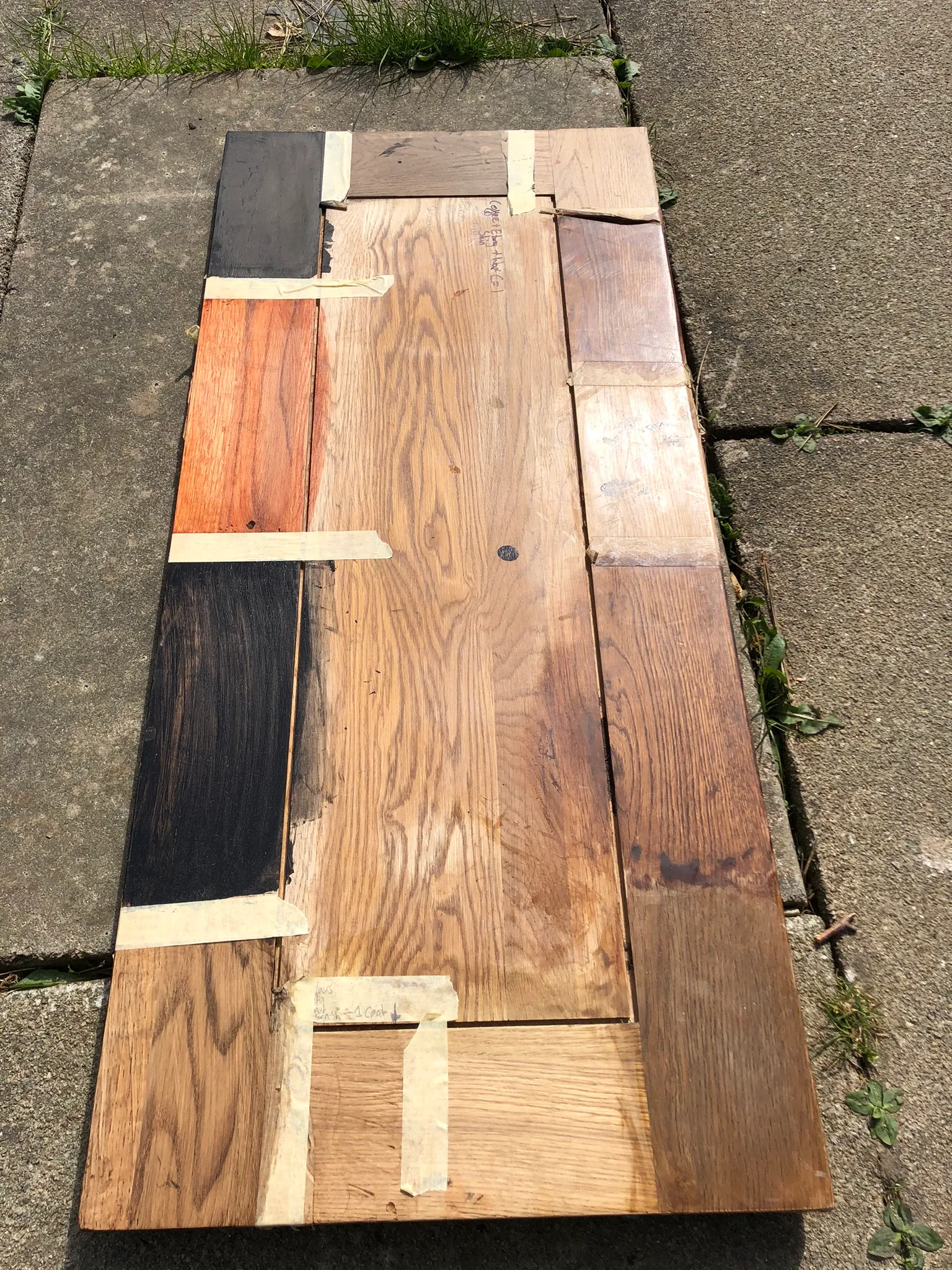 CANTI colour testing — Indian ink swatches on oak, 1 to 7 layers