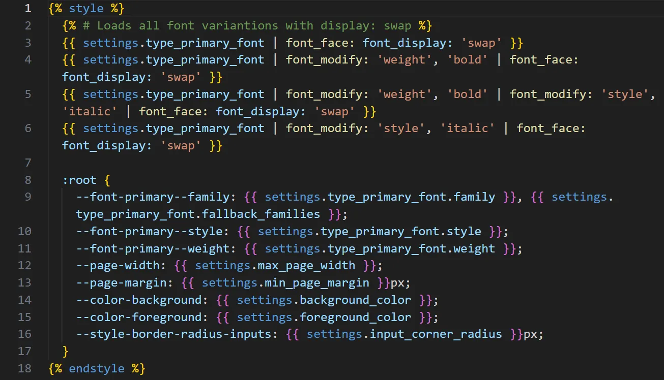 Liquid CSS variables system — design tokens implemented in code