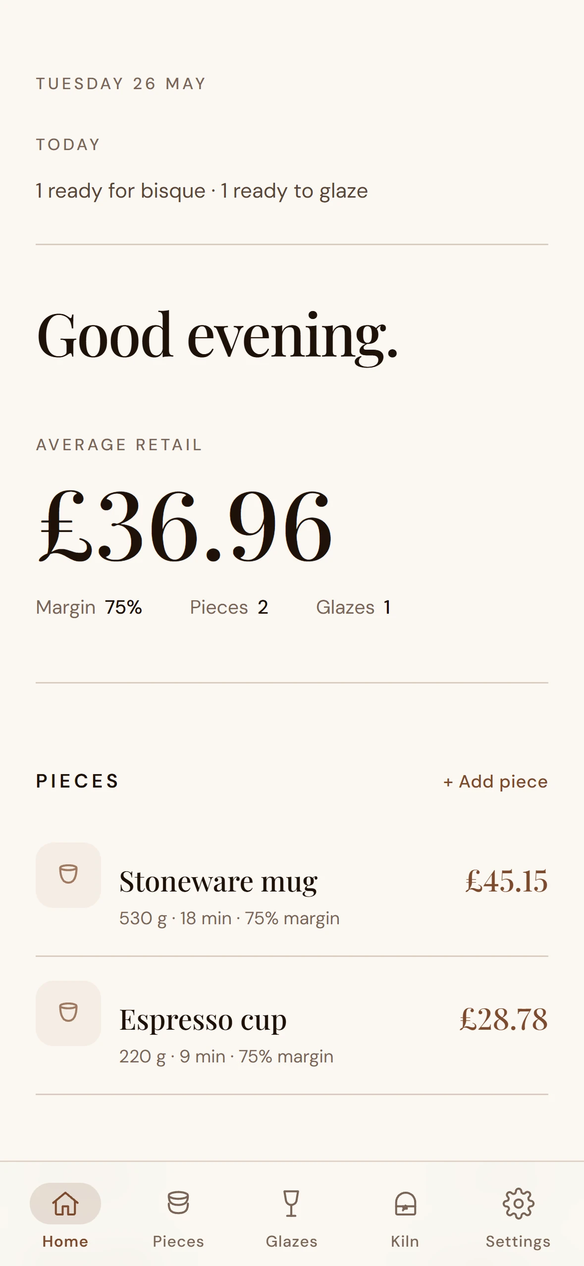 Tarebook Home screen in light theme — date, greeting, hero retail number, supporting metrics inline