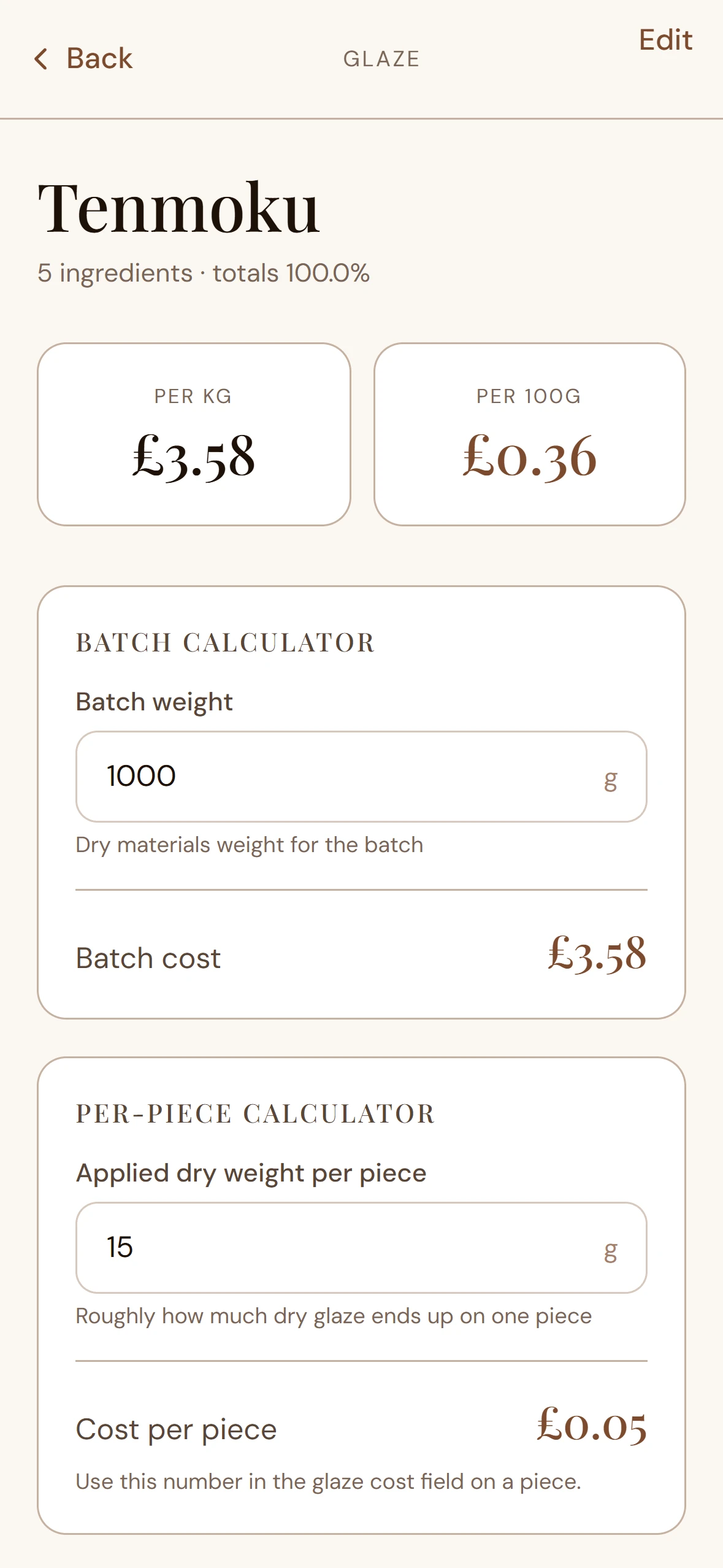 Tarebook Glaze Detail screen — batch and per-piece cost calculated from applied dry weight