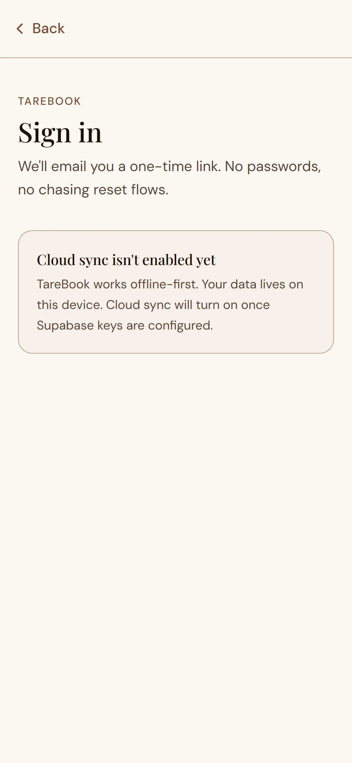 Tarebook Sign In screen — magic-link passwordless auth, friendly cloud-sync messaging