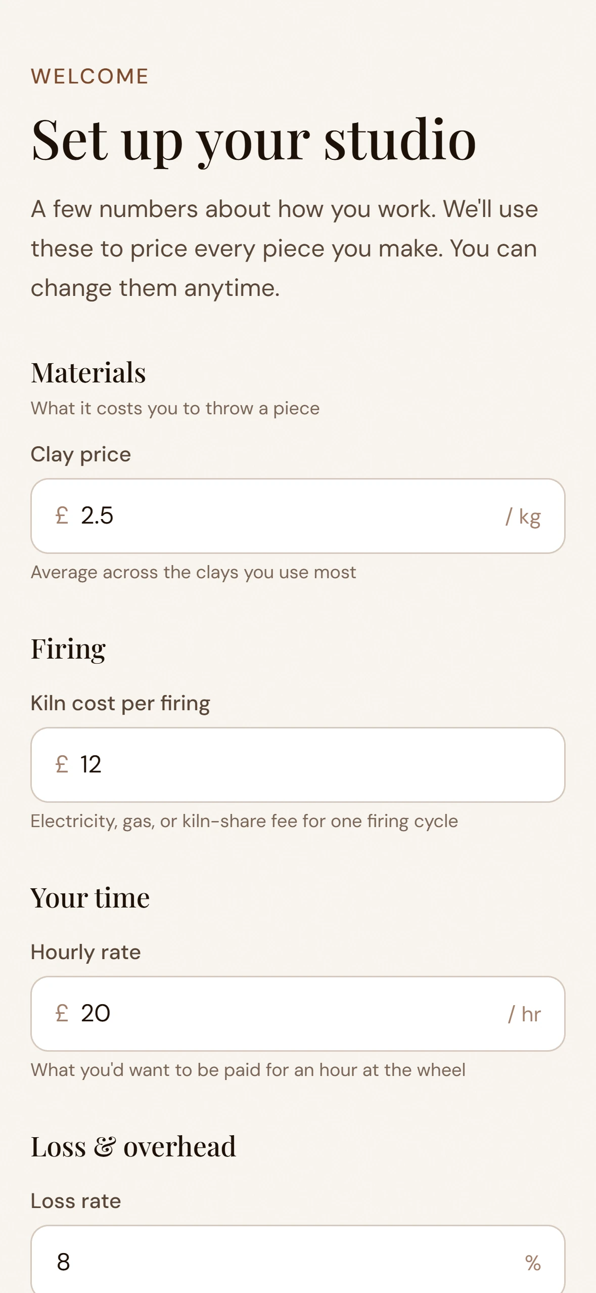 Tarebook Setup wizard — onboarding step collecting studio numbers in plain English