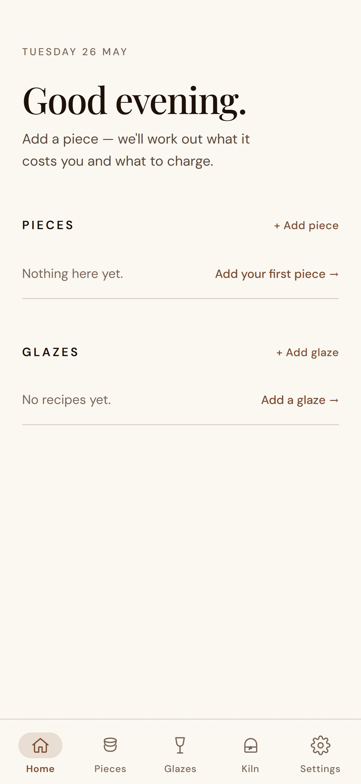 Tarebook Home empty state in light theme — no pieces yet, with friendly next-step prompt