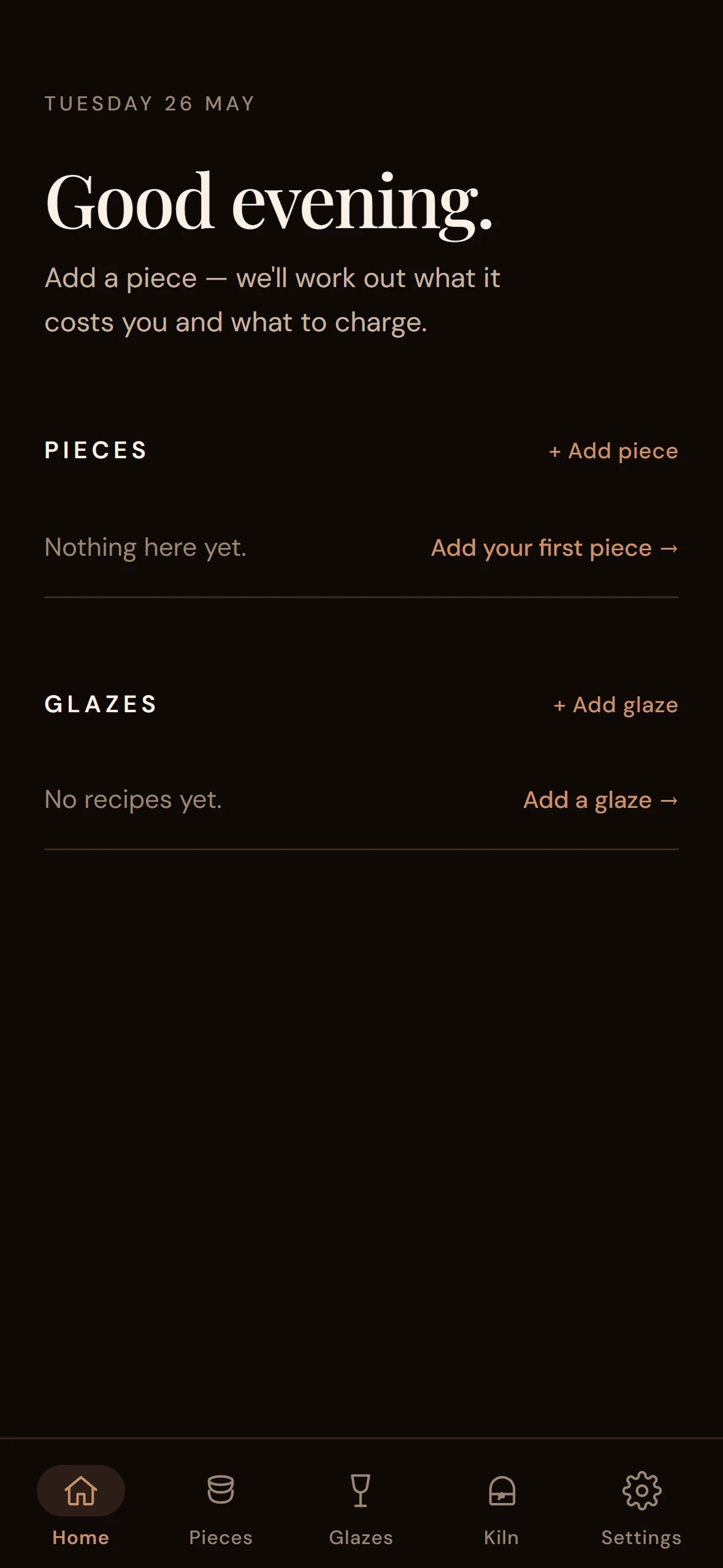 Tarebook Home empty state in dark theme — same friendly conversation, dark palette