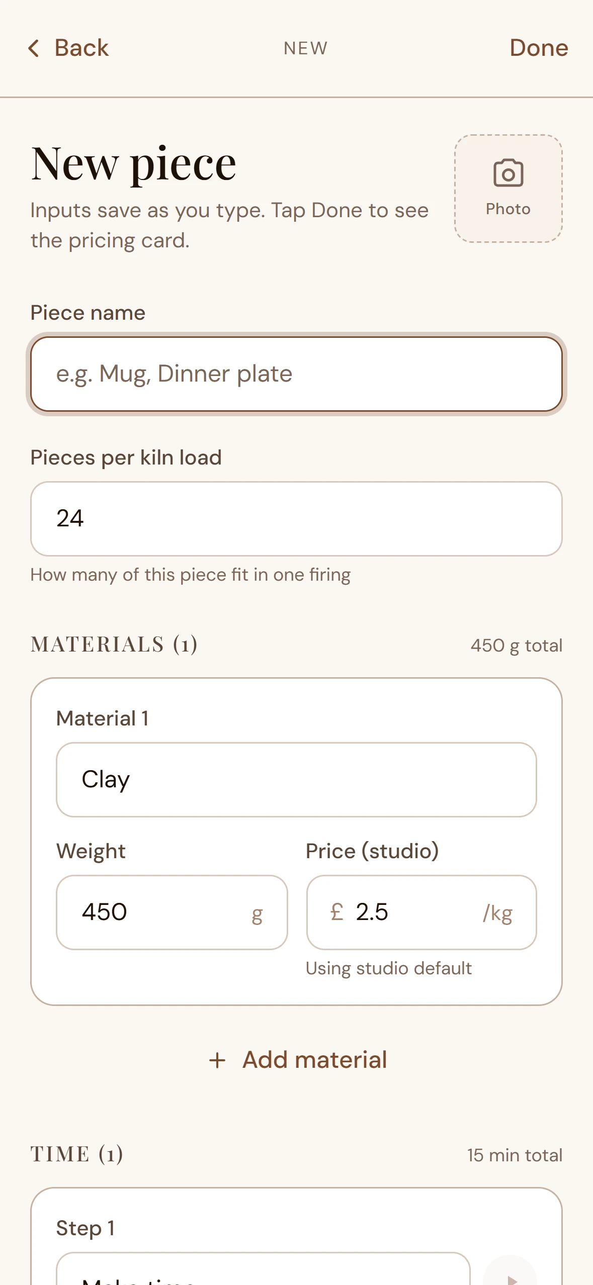 Tarebook Add Piece empty state — fresh form with helper text and field defaults
