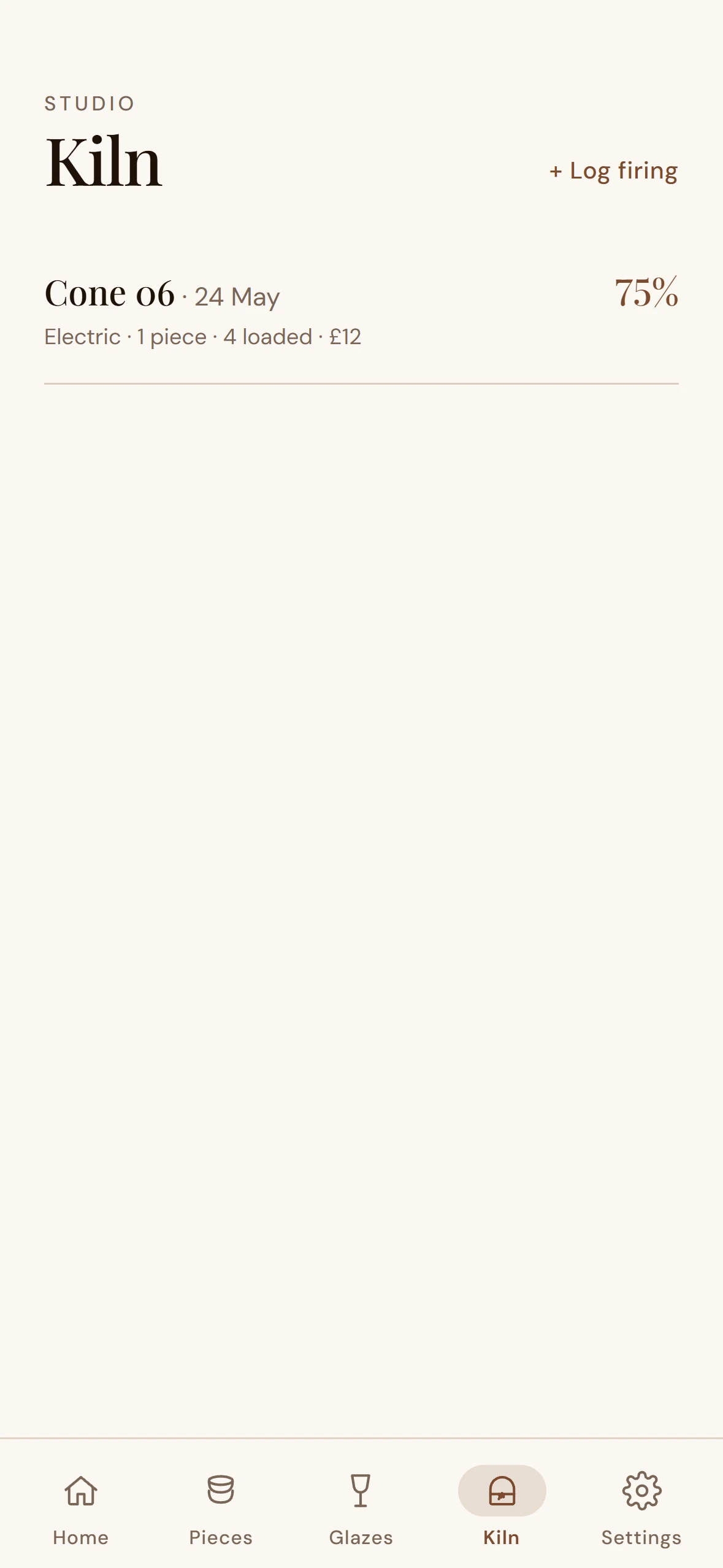 Tarebook Kiln list — saved firing logs with pieces in, pieces out, calculated loss rate