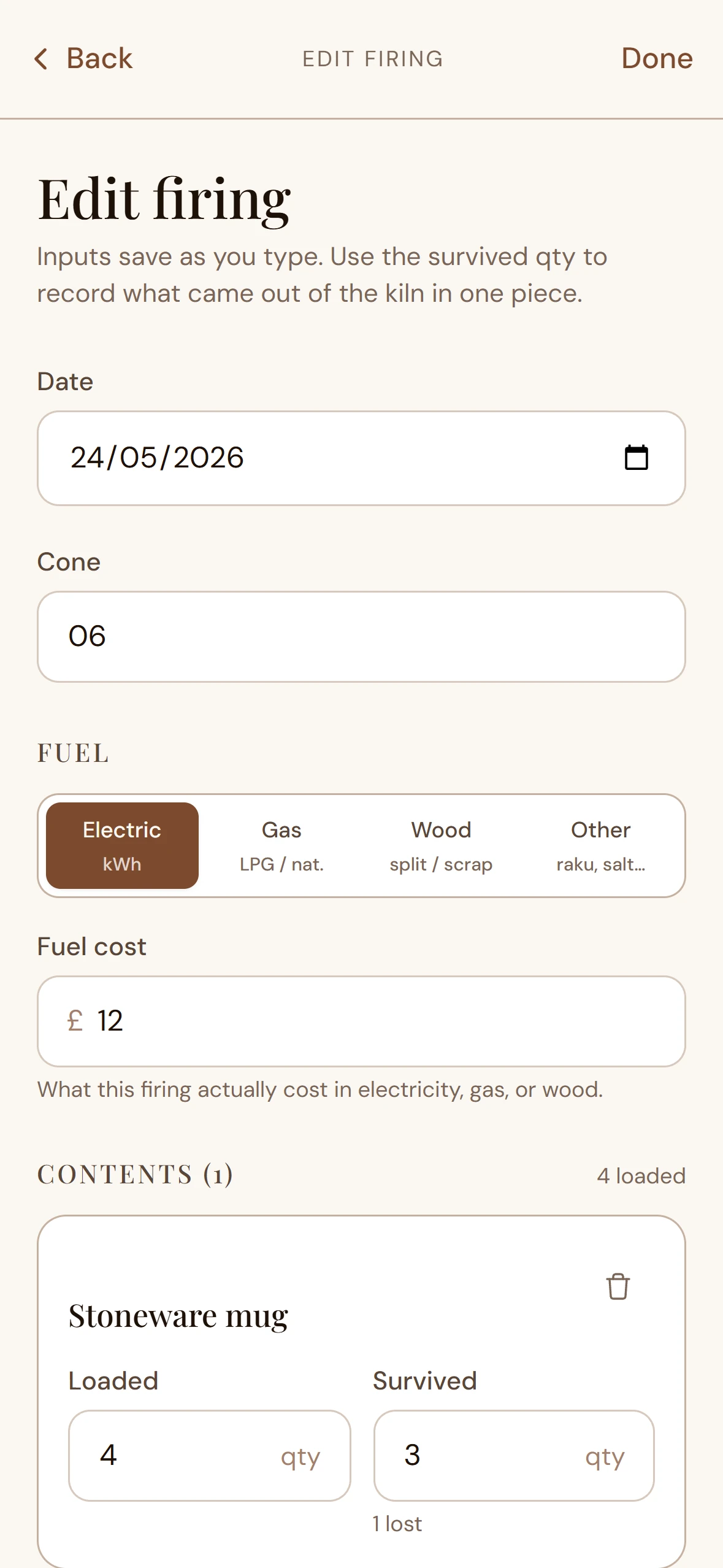 Tarebook Firing detail — breakdown of a completed firing with measured loss rate